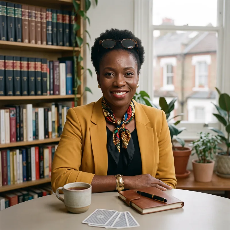 Amara Okafor at a round table in her plant-filled South London flat, a bookshelf of law books behind her and tea, a leather notebook and tarot cards in front of her