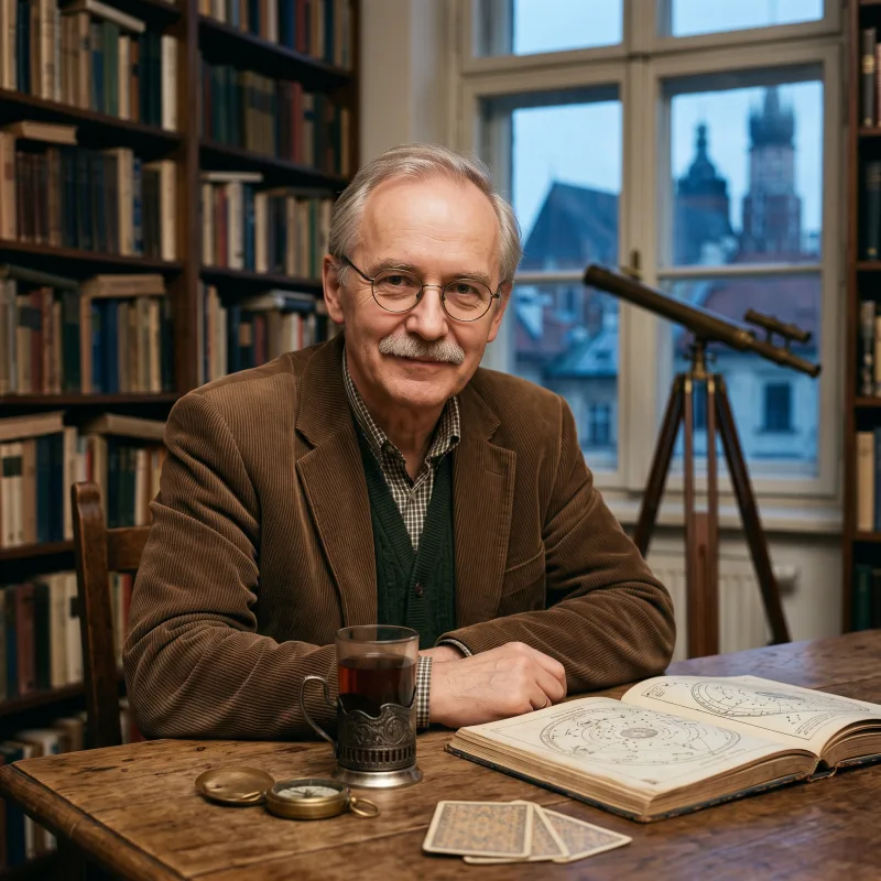 Andrzej Wiśniewski at an oak desk in his book-lined Kraków flat, a brass telescope behind him, a glass of tea, a star atlas and tarot cards in front of him