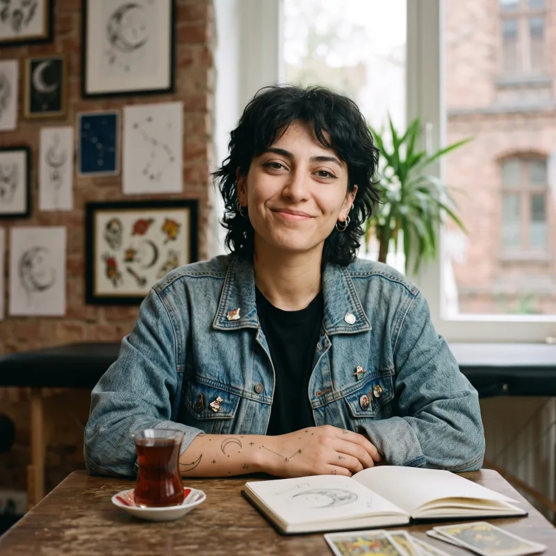 Deniz Aksoy at a small table in a Berlin tattoo studio, a tulip glass of Turkish tea, an open sketchbook and tarot cards in front of them