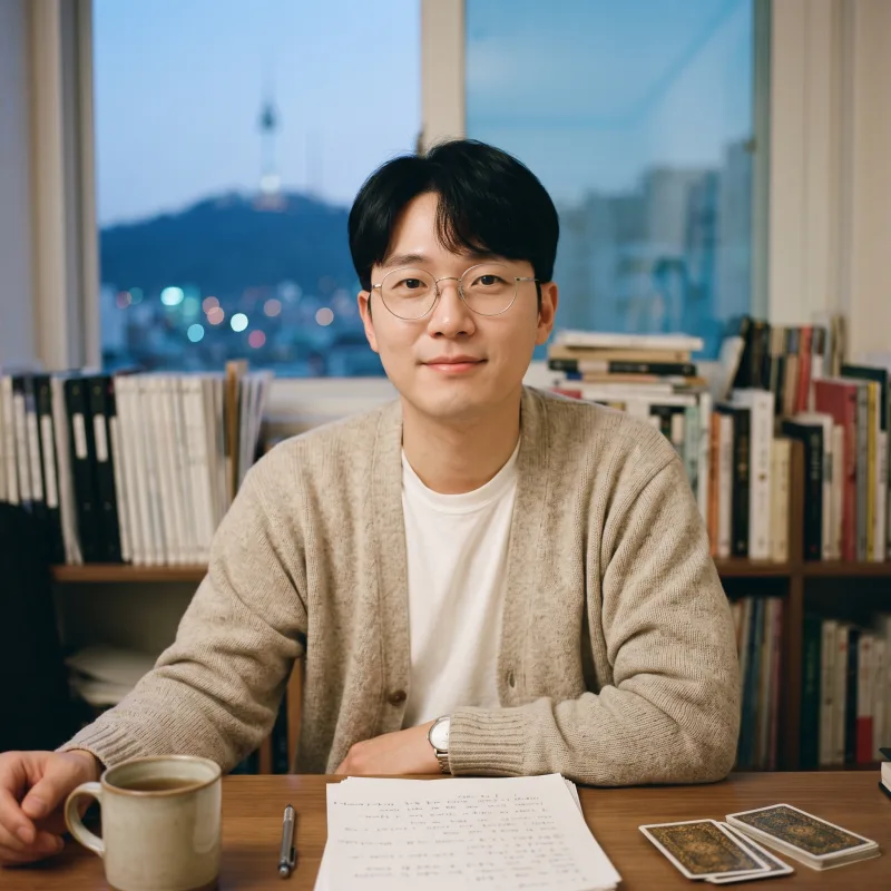 Han Ji-ho at a wooden table in his Seoul workroom at blue hour, a mug of barley tea, handwritten pages and tarot cards in front of him