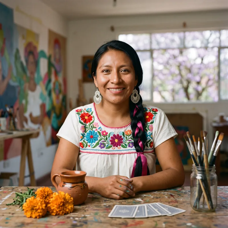 Itzel Ramírez Cruz at a paint-spattered worktable in her Mexico City studio, a half-finished mural behind her and marigolds, café de olla and tarot cards in front of her