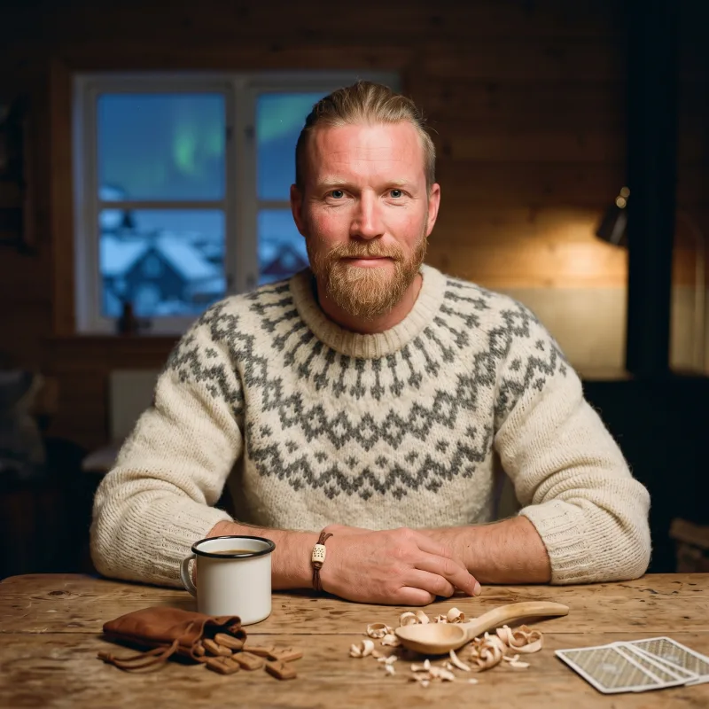 Jonas Lindqvist at a pine table in a Reykjavík timber house at arctic dusk, with rune staves, a half-carved wooden spoon and tarot cards in front of him