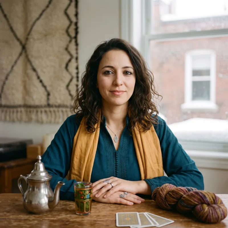 Leyla Benali at a wooden table in a snowy Montréal apartment, a silver teapot, a skein of hand-dyed wool and tarot cards in front of her