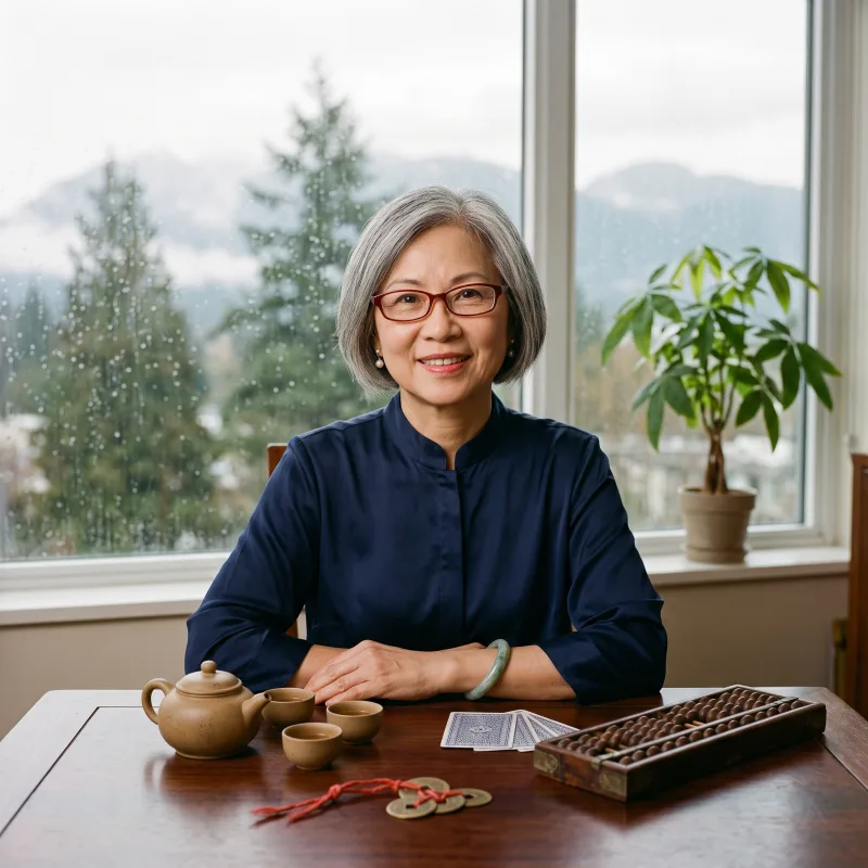 Mei-Lin Chou at a rosewood table by a rainy Vancouver window, with a clay teapot, an abacus, three coins on red string and tarot cards in front of her