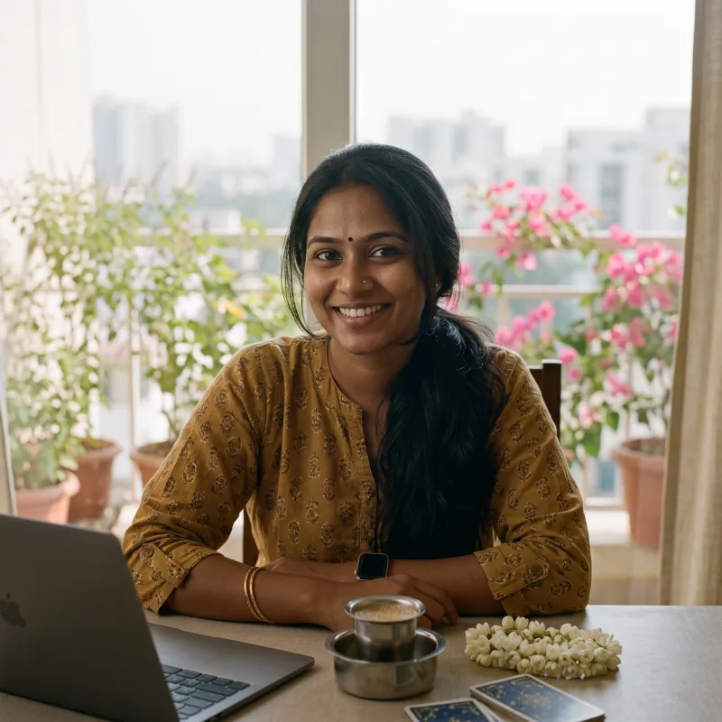 Priya Raghunathan at her desk by a Bengaluru balcony with bougainvillea, a steel tumbler of filter coffee, a laptop and tarot cards in front of her