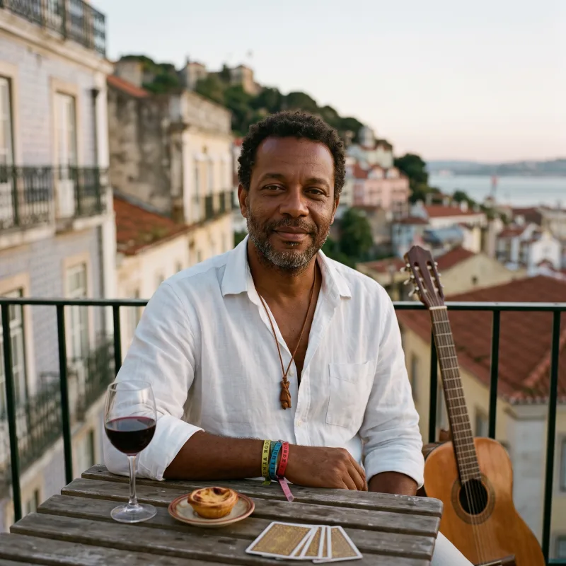 Rafael Monteiro on a Lisbon balcony at dusk, an acoustic guitar leaning beside him, a glass of red wine, a pastel de nata and tarot cards on the table