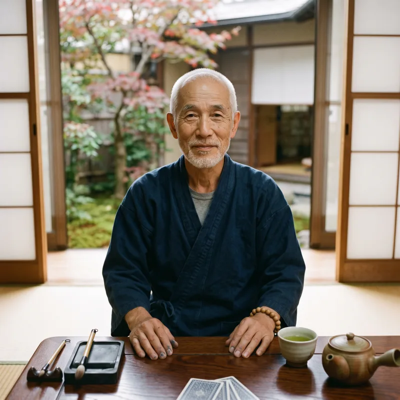 Sōichi Hayashi at a low wooden table in a tatami room open onto a moss garden in Kamakura, with an inkstone, green tea and tarot cards in front of him