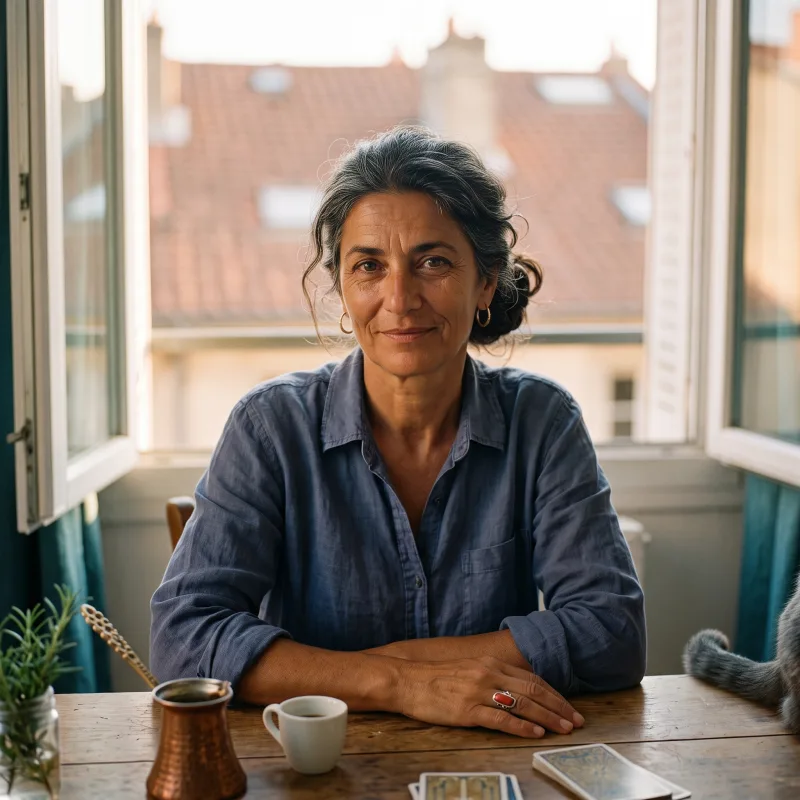 Vesna Kovač at her kitchen table by an open window over the Lyon rooftops, a copper coffee pot and tarot cards in front of her